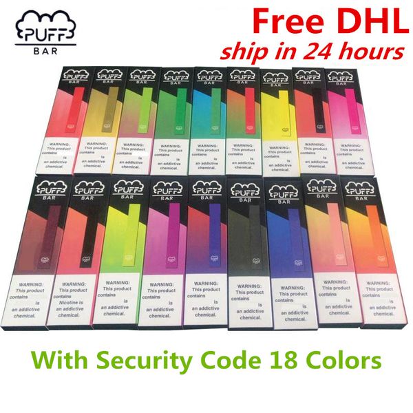 

Свободный DHL !! 18 Colors Самые популярные Puff Бар Одноразовая Vape Device 280mAh Аккумулятор 1,3 мл картридж Puff Бар Предварительно заполненный комплект с кодом безопасности