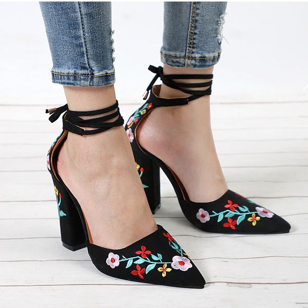 

mcckle women high heels plus size embroidery pumps flower ankle strap shoes female two piece party wedding pointed toe, Black