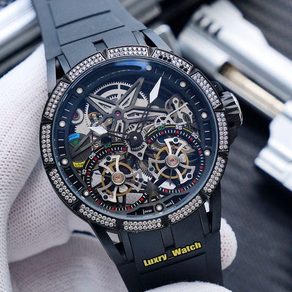 

high version excalibur rddbex0657 tourbillon skeleton dial automatic mechanical mens watch black diamond case leather strap sport watches, Slivery;brown