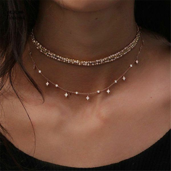 

bohemia geometric rhinestone pendant necklace multi layer gold beads chain chokers necklace collar for women jewelry 6655, Silver