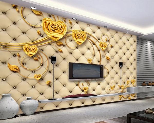 Luxo 3d Wallpaper Alto grau de couro de ouro Rose Sala TV Sofa fundo da parede de HD decorativa bonito Wallpaper