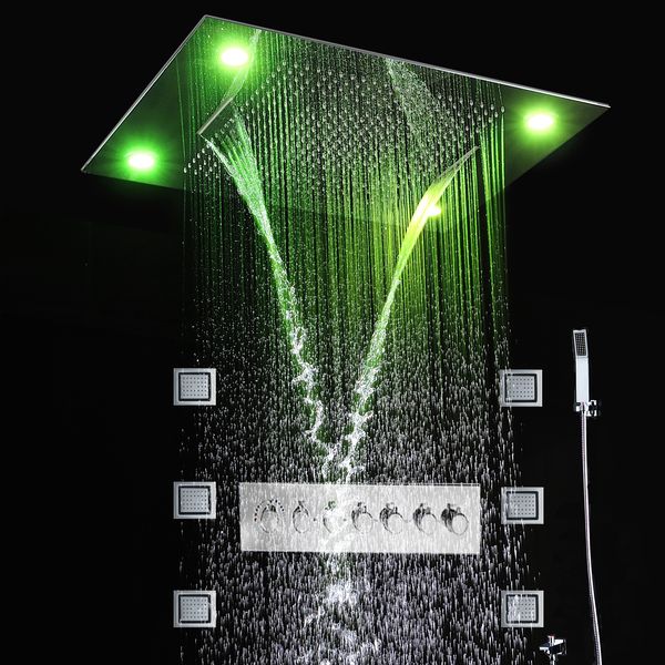 

bathroom ceiling led spa massage shower head rainfall waterfall mist rain curtain lateral jets thermostatic shower mixer set