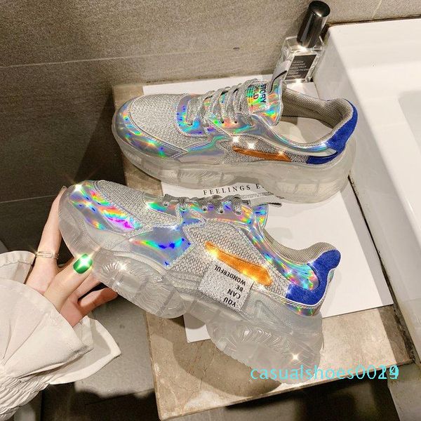 

laser dad shoes female new dazzle color crystal platform ins tide smart smoked shoes web celebrity jelly casual women shoes c14, Black