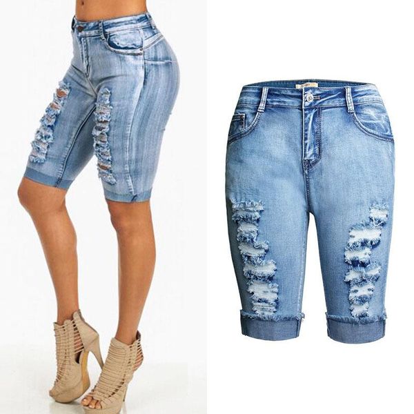 

designer's locomotive elastic washed and frayed hemmed women's jeans capris high waisted perforated jeans women slim casual whole, Blue