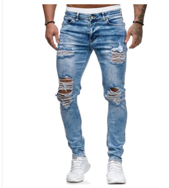 

new stylish men designer jeans mens fashion distrresses hole skinny jeans men trend solid color pencil pants boy designer slim long pants, Blue