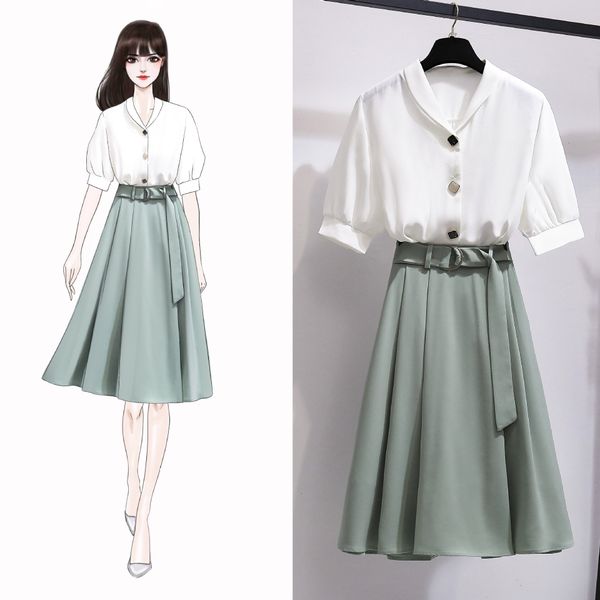 

2020 new fashion coatskirt suit summer short sleeve chiffon skirt western style age-reducing two-piece dress, Gray