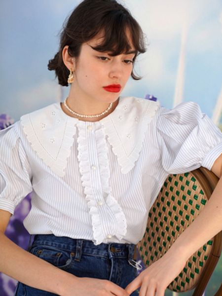

mintcheese french retro girl exquisite embroidered big lapel cool blue lace short sleeve shirt, White