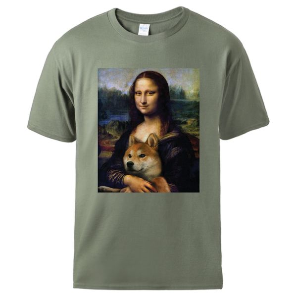

mona lisa shiba inu doge tshirt man casual short sleeve cotton t shirts tee 2020 summer man loose streetwear tshirt, White;black
