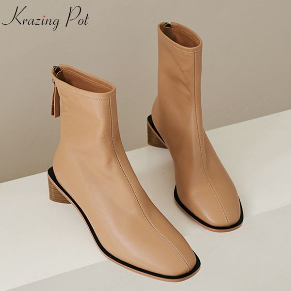 

krazing pot cow leather vintage boots square toe square med heels women winter keep warm soft color concise ankle boots l00, Black