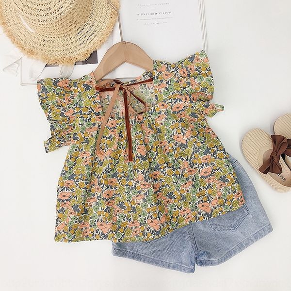 

2020 summer new korean style girl's short-sleeved floral doll baby doll t-shirt shirt girl's printed bow backless t-shirt, White;black