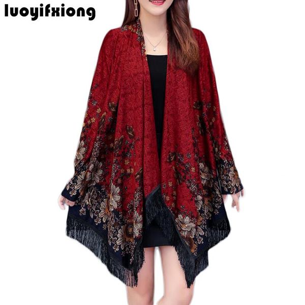 

кимоно кардиган печати женская топы и блузки с длинным рукавом сыпучих кисточкой hem блузка женщины рубашки плюс размер blusas chemisier fem, White