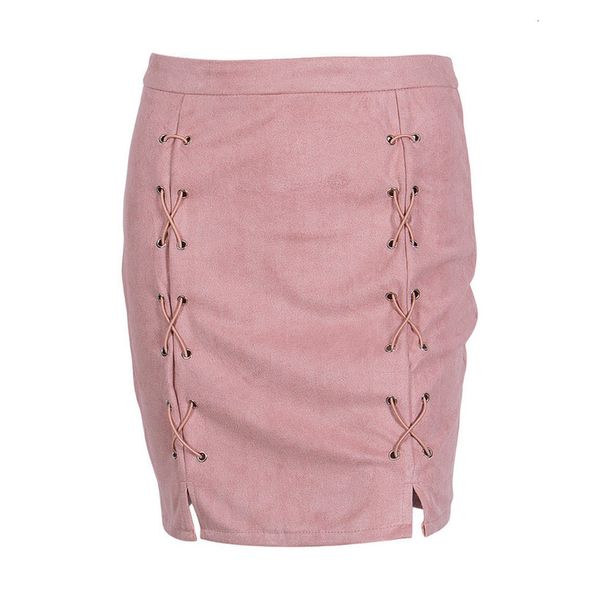 

2020 arrival autumn lace up leather suede skirt winter cross high waist skirt zipper split bodycon short skirts womens, Black