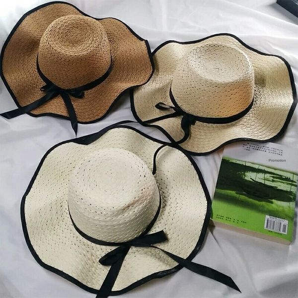 

straw straw female beach wave edge parent-child sunscreen sun hat seaside holiday big eaves beach hat, Blue;gray