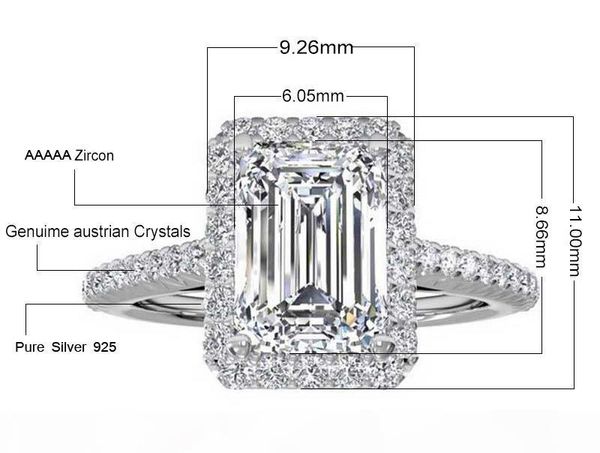 

j бриллиантовое кольцо способа 100% первоначально чистого серебра 925 кольцо престижное big 8mm 5a цирконий кольца обручальные кристалл ювел, Slivery;golden