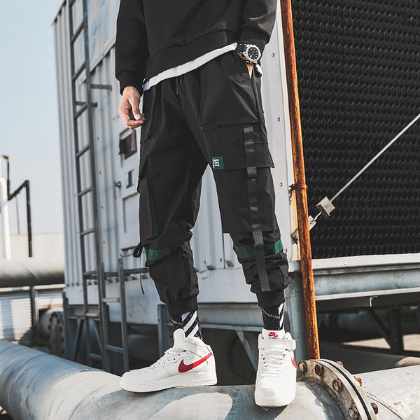 

men ribbons streetwear cargo pants 2020 autumn hip hop joggers pants overalls black fashions baggy pockets trousers sa-8