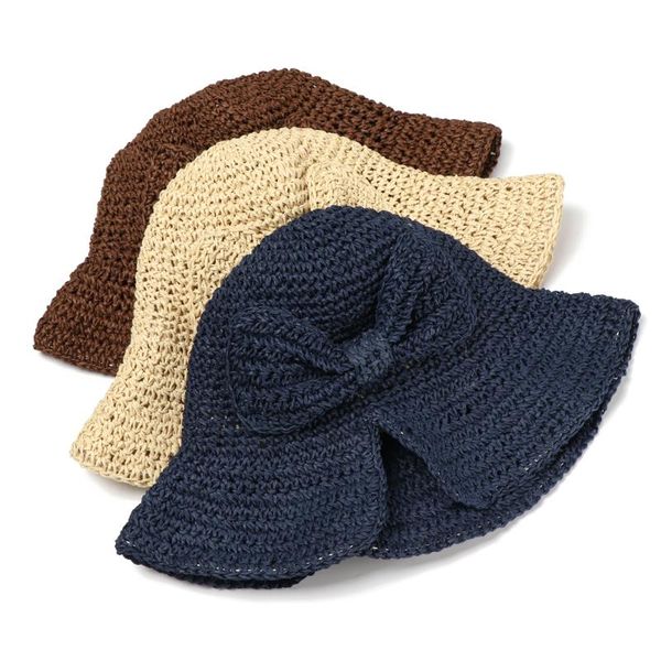 

female fashion brimmed wide brim hat women straw dome bucket hat french elegant bowknot summer beach sun foldable shade, Blue;gray