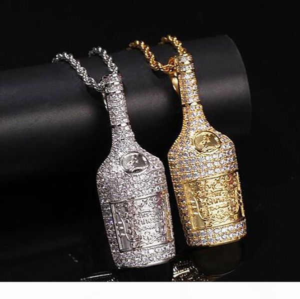 

u 14k gold wine whiskey bottle pendant necklace mens micro pave cubic zirconia with 24inch rope chain, Silver