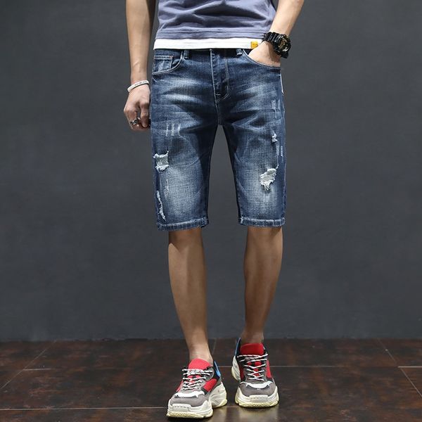 

2020 summer thin ripped and shorts denim shorts korean style trendy men's casual slim-fit five-point pants men's, Blue