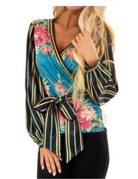 

autumn womens deisgner blouses floral striped printed puff sleeve deep v neck casual female clothing, White
