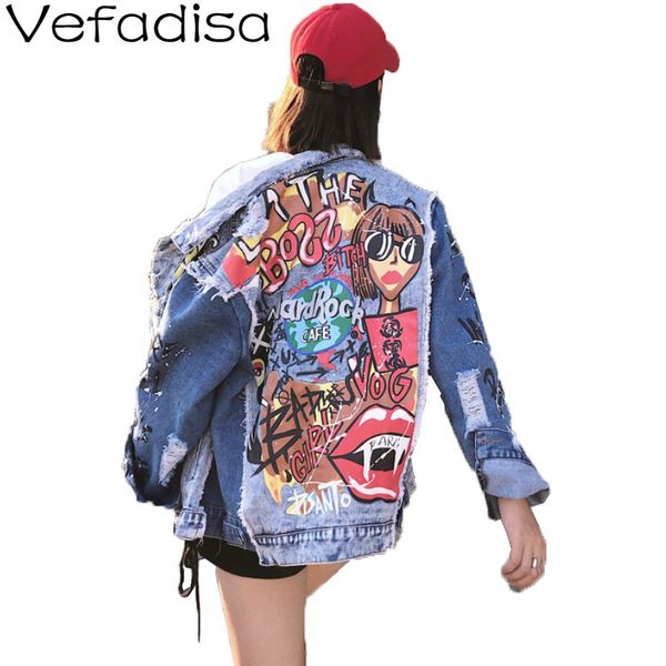 

vefadisa 2020 women autumn outerwear patchwork denim jacket single breasted blue denim coat turn-down collar print coat ad2128, Black;brown