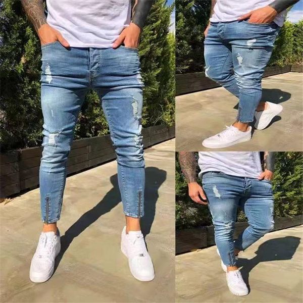 

for men casual black blue skinny slim fit denim pants biker hip hop jeans zipper designer denim pants mens ripped jeans