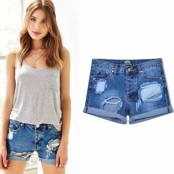 

jeans boyfriend ripped women shorts chigh waisted jeans asual pants clothes denim plus size, Blue