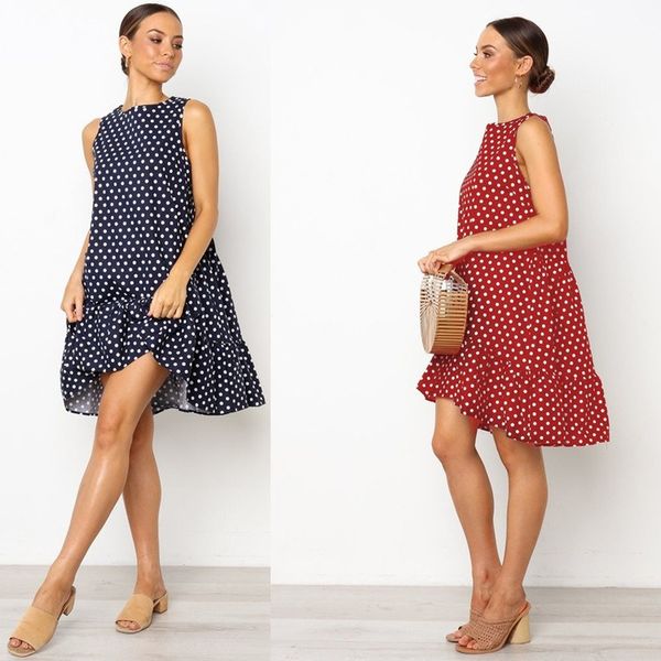 

polka dot flounce loose-fit expandable tank dress, White