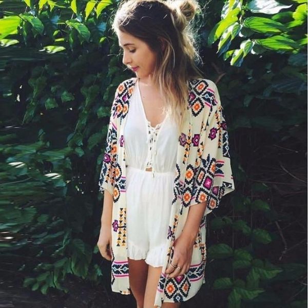 

women floral chiffon geometry loose shawl kimono cardigan boho coat 1 2 sleeve jacket blouse swimwe ar beach cover up blouse, White