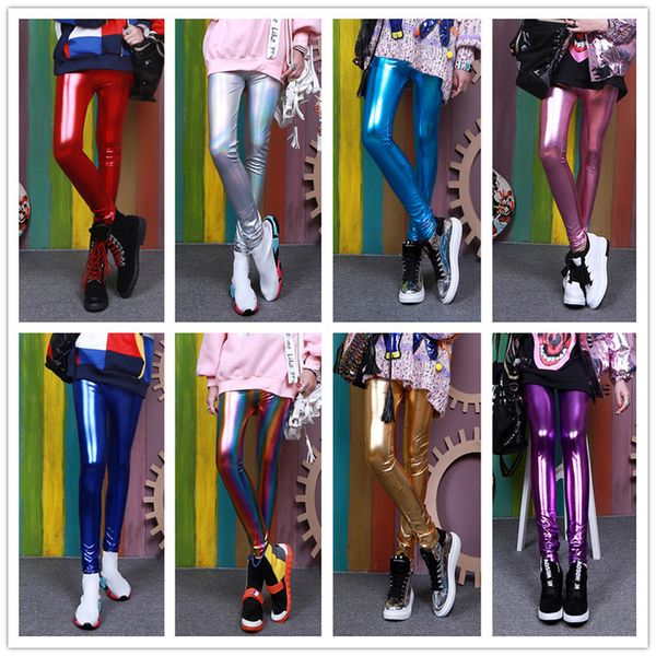 

timis li ladies silver metallic knitted shiny laser leather leggings polyester women candy colors leggings, Black