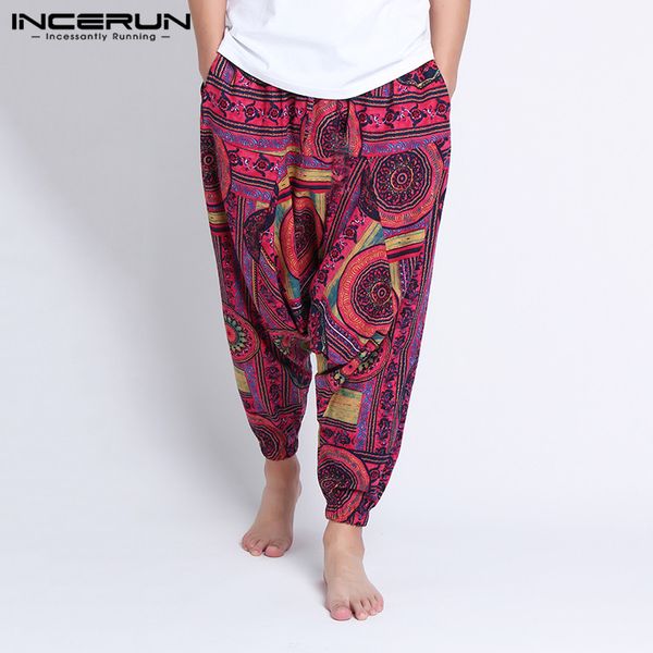 

2020 summer man vintage printed trousers hombre men ethnic harem pants casual drop crotch pants fashion loose cotton joggers 5xl, Black