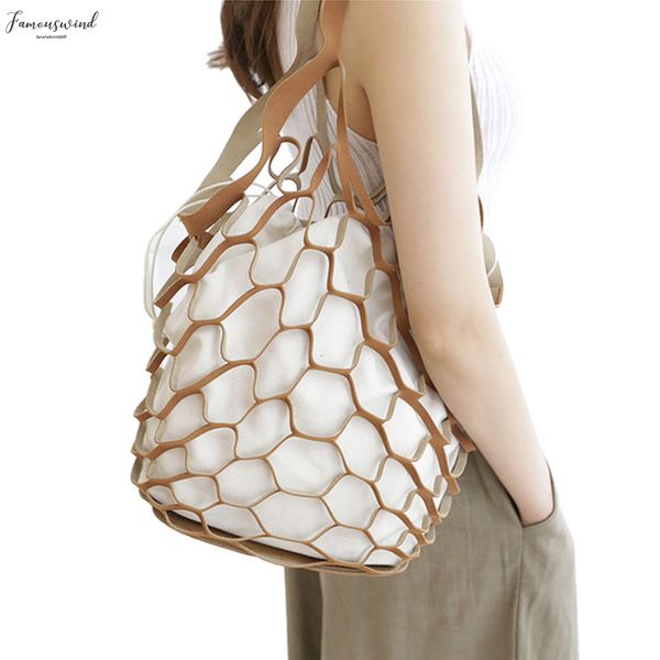 

hollow out mesh leather bags summer beach casual bag handbags bucket bag leisure large capacity fur women composite bag brown
