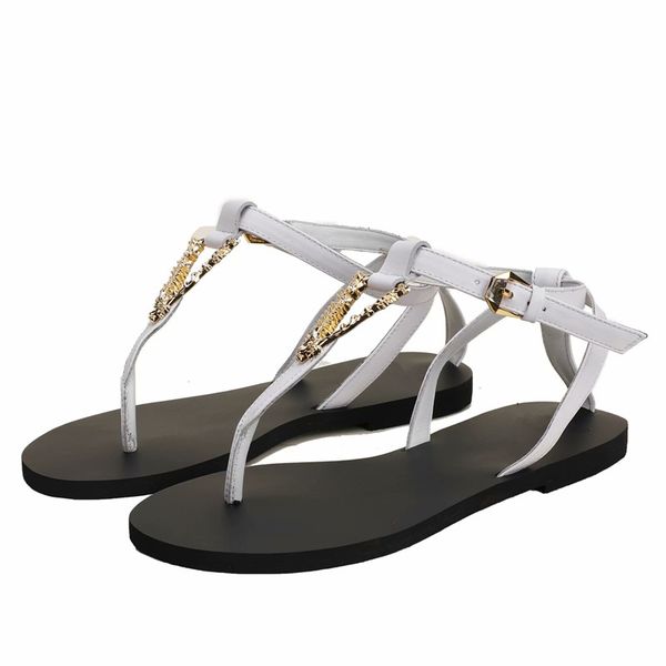 

big size 35-43 fashion golden iron buckle decor women sandals casual flats thong sandals summer women shoes, Black
