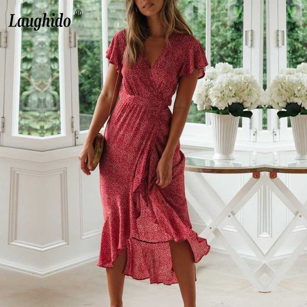 

laughido ruffles dot midi dress v neck beach boho vestidos dress summer wrap bow robe tunic split sundress elegant women dresses, Black;gray