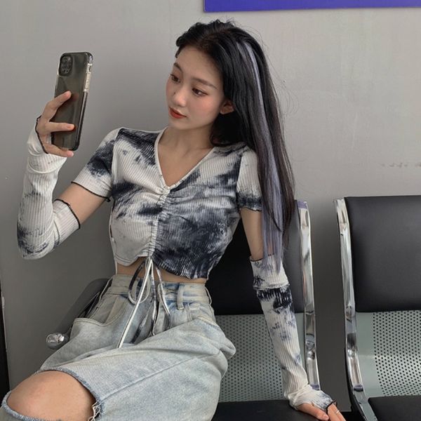 

nana fashion womens dress shop drawstring tie dyed short design sense stitching sleeve t-shirt light familiar style western style minori, White