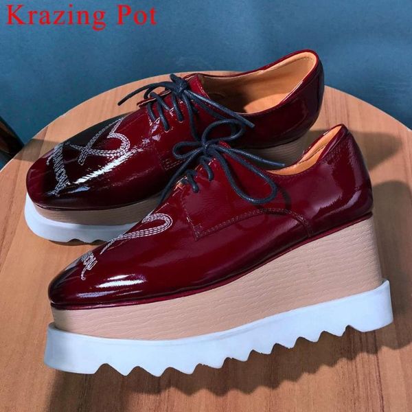 

2020 genuine leather wedges high bottom platform european punk style square toe cow leather lace up large size party shoes l08, Black