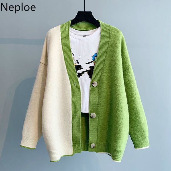 

neploe 2020 spring women sweater cardigan coat contrast color long sleeve single breasted v-neck causal knitted jacket 4b612, White