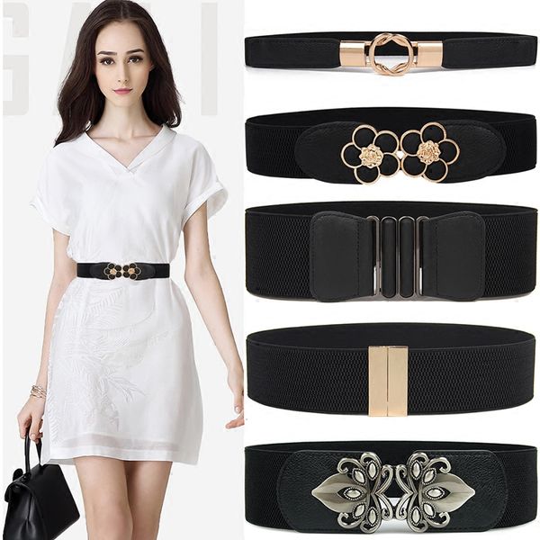 

High Quality black cummerbund Fashion Women party Stretch Elastic Waistband Wide Metal buckle belts lady dress accessories gifts