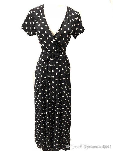 

women dress fashion short sleeve deep v-neck split ribbon vest sling print polka dot lady casual long dresses skirt size s-xl d3, Black;gray