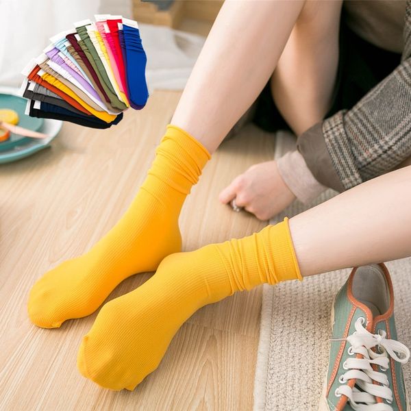 

stacked female academic style velvet ice socks pure color striped ultra-thin middle-tube medium silk stockings silk stockings socks, Pink;yellow