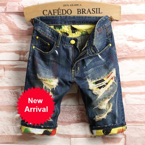 

short jeans new summer mens holes denim shorts fashion men denim jeans slim straight pants trend mens stylist pantsa, Blue