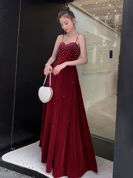 

ethnic clothing exquisite sequins bling qipao temperament spaghetti strap velent dress slim tight evening party gown abito da sera, Red