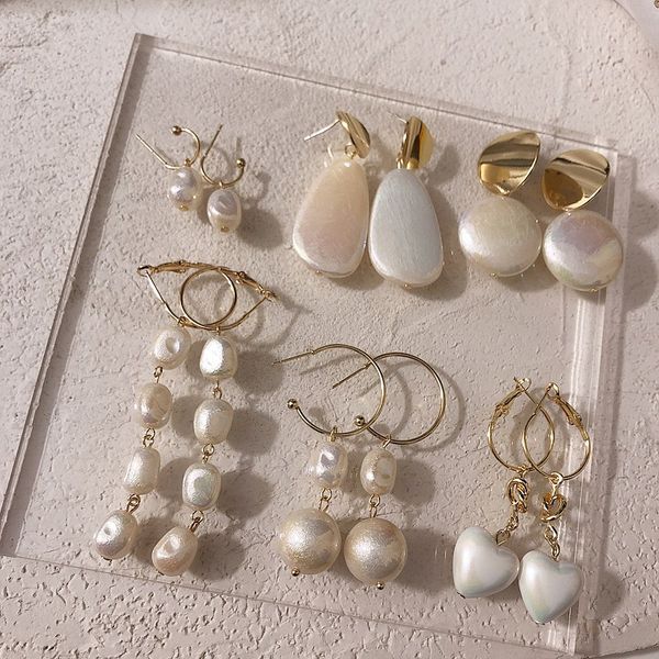 

mengjiqiao new elegant shell simulated pearl long pendientes mujer moda fashion heart acrylic holiday round earrings jewelry, Silver