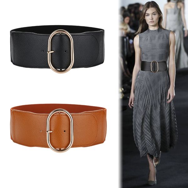 

wide black real cow leather cummerbunds fashion women elastic waistband corset belts for women high gold buckle waist belt lady, Black;brown
