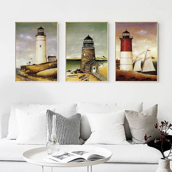

retro lighthouse coast sailing landscape wall art poster and print canvas painting for living room home decoration no frame