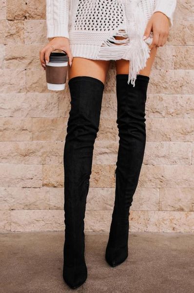 

oeak 2020 fashion women boots spring winter over the knee heels quality long comfort square botines mujer thigh high boots, Black