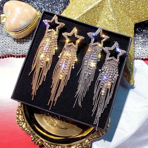 

fyuan fashion long tassel crystal earrings for women 2019 bijoux luxury shiny gold color star dangle earrings jewelry gifts, Silver