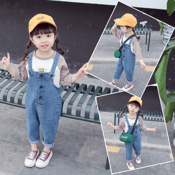 

denim belt pants 2019 new children's children's clothing korean style girl's three-button denim belt pants cute, Blue
