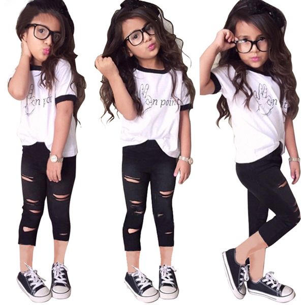 

ripped pants cut trousers 2pcs outfits set 2pcs cute baby kids girls summer clothes sets fashion outfits 1-7 years b437, White