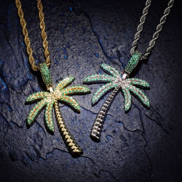 

green cubic zirconia bling iced out solid coconut tree plant pendants necklace for men rapper jewelry gold silver color