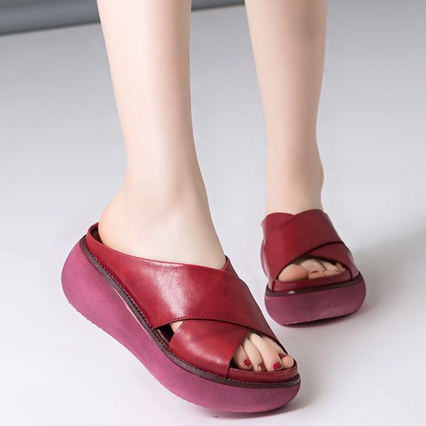 

women summer slippers soft pu leather woman shoes casual wedges cross retro ladies slippers slide fashion platform female shoes, Black